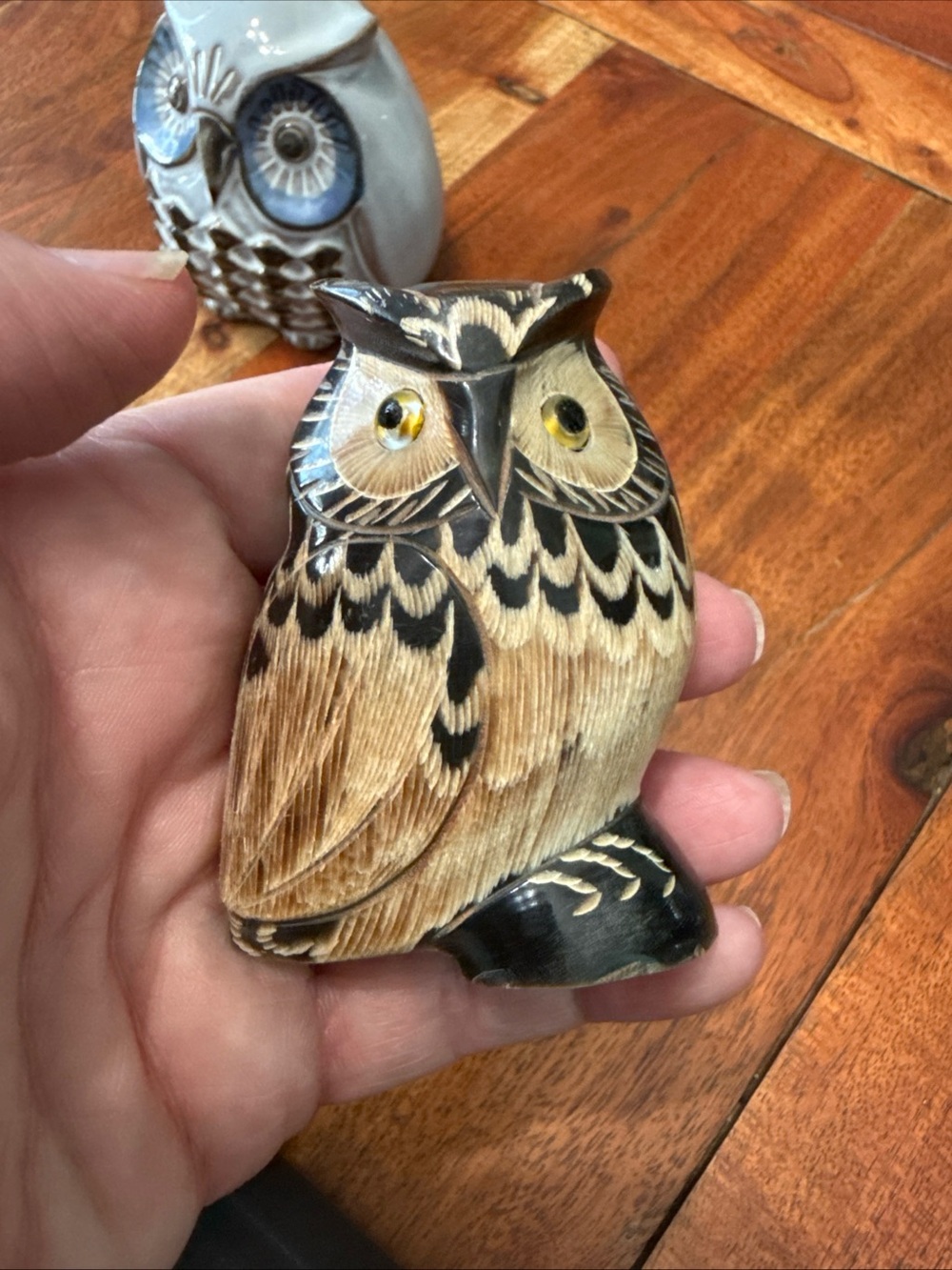 Handcrafted Buffalo Horn Brown Owl Figurine Decorative Accent 3"